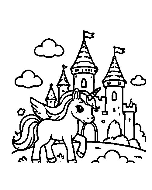 Castle unicorn coloring page
