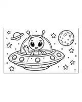 Friendly alien coloring page for kids in a flying saucer