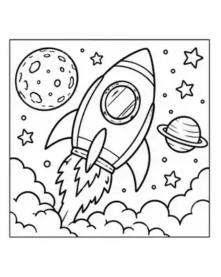 Rocket ship coloring page for kids blasting off into space