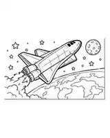 Space shuttle coloring page for kids flying above Earth