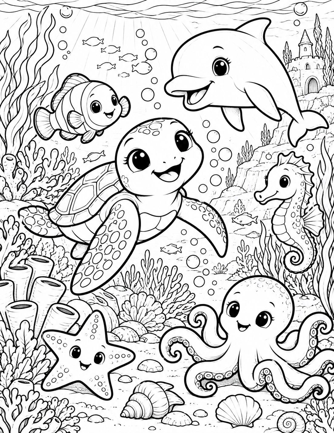 Underwater animal adventure coloring page