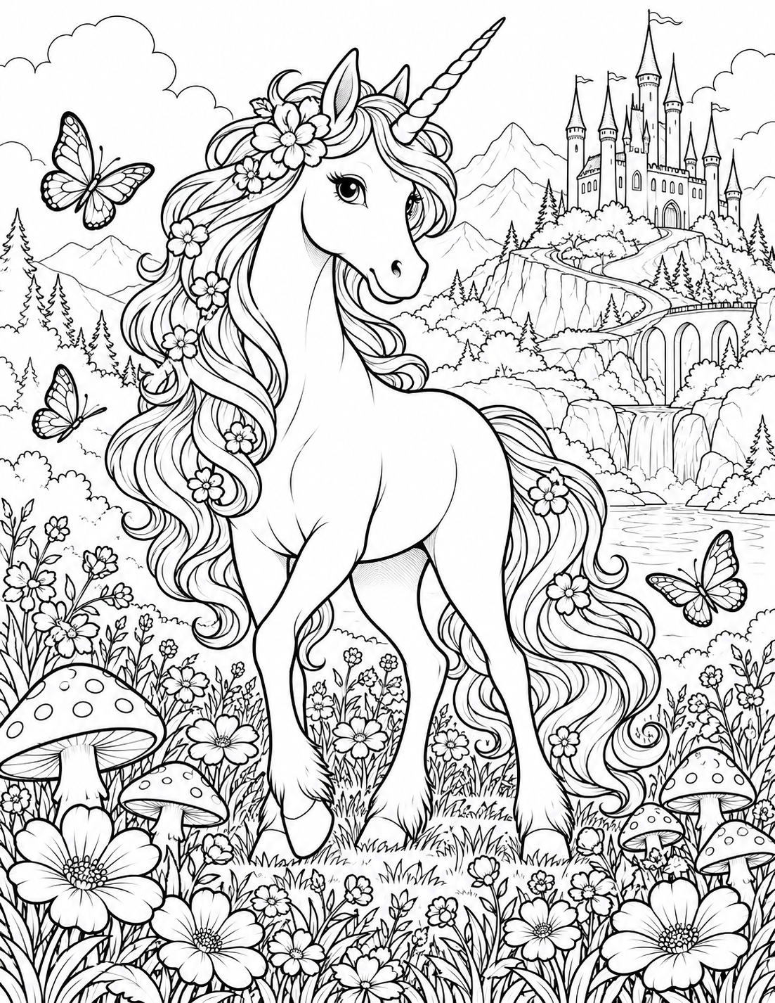 Enchanted unicorn castle coloring page