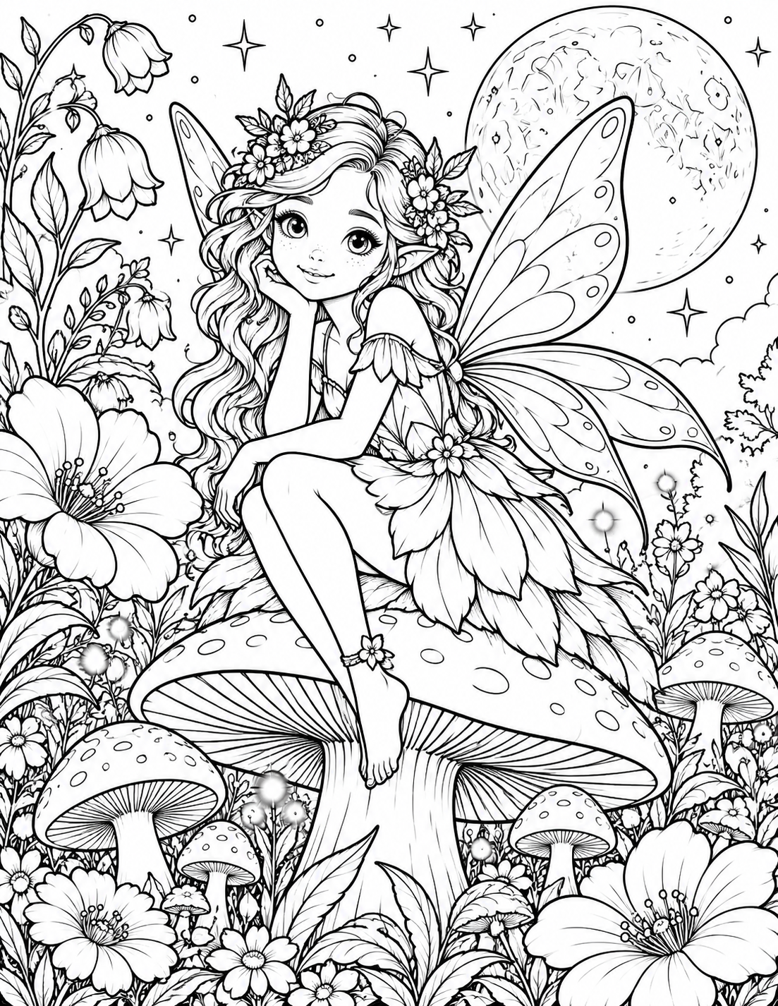 Moonlit garden fairy coloring page