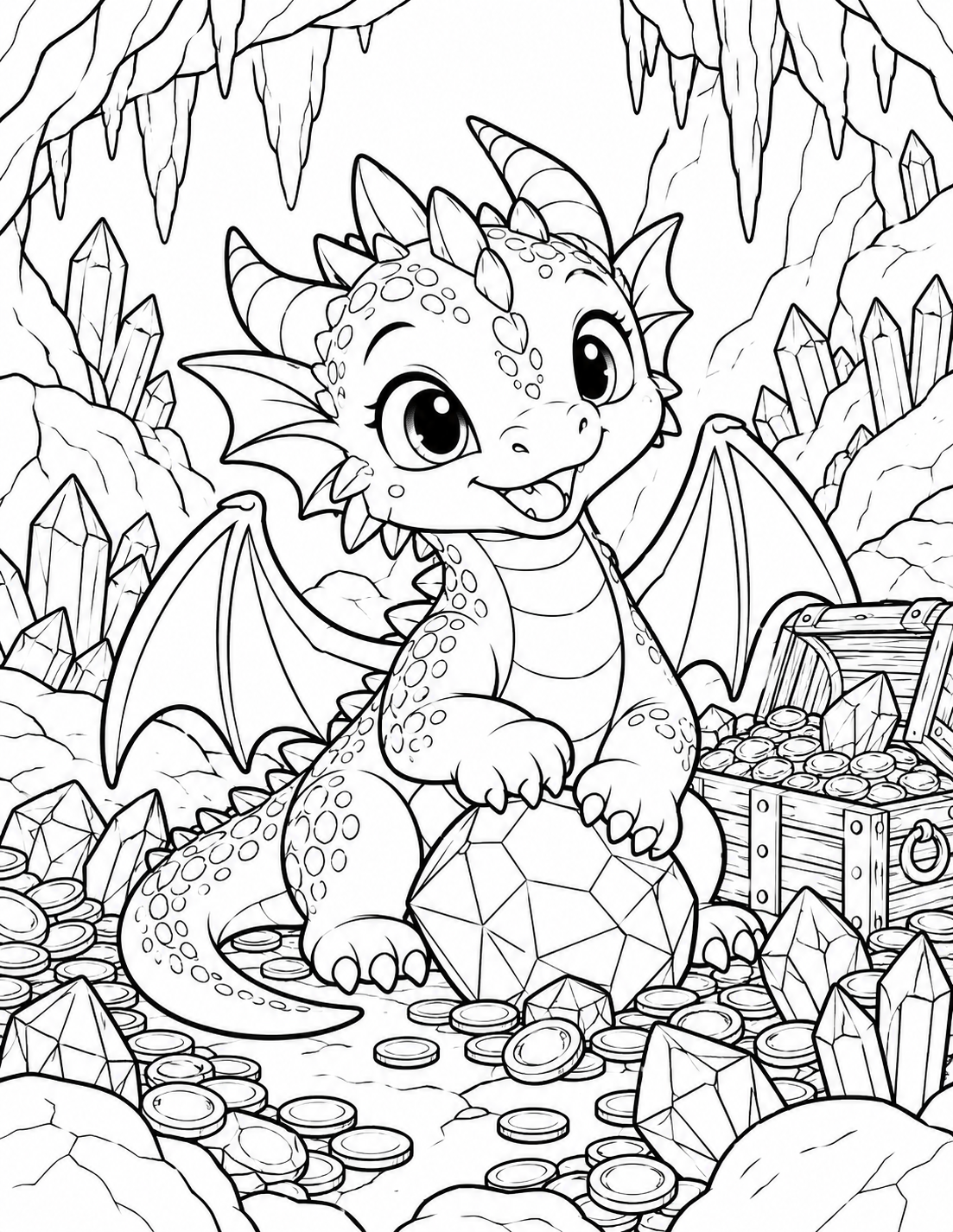 Baby dragon treasure cave coloring page