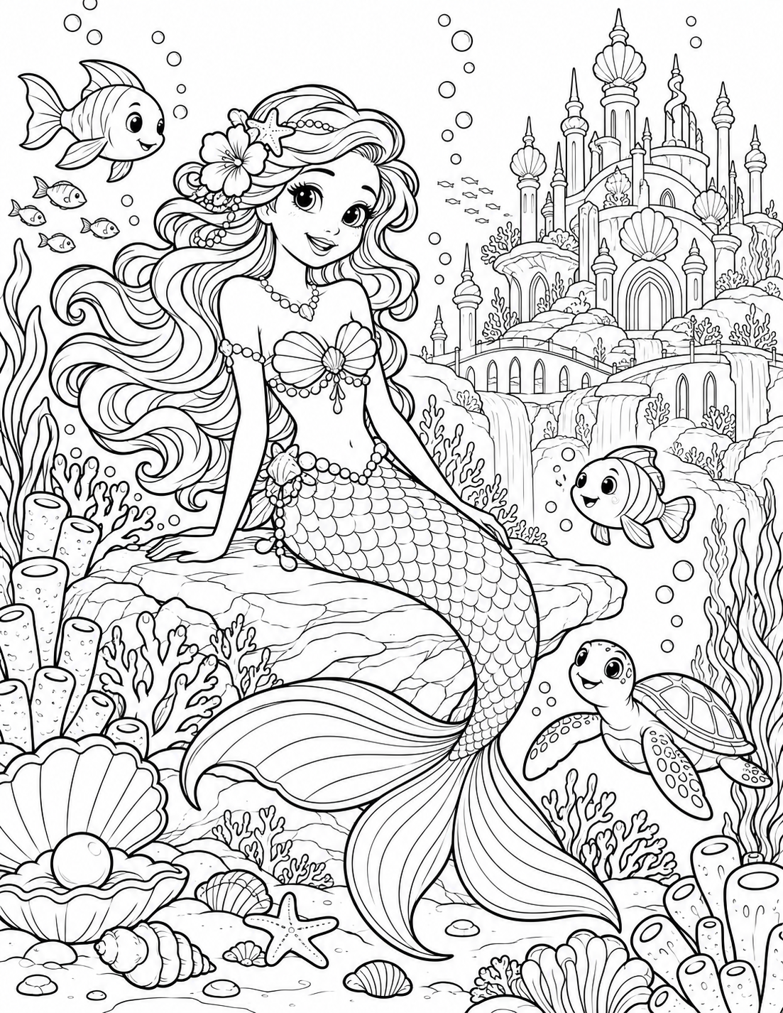 Mermaid underwater kingdom coloring page