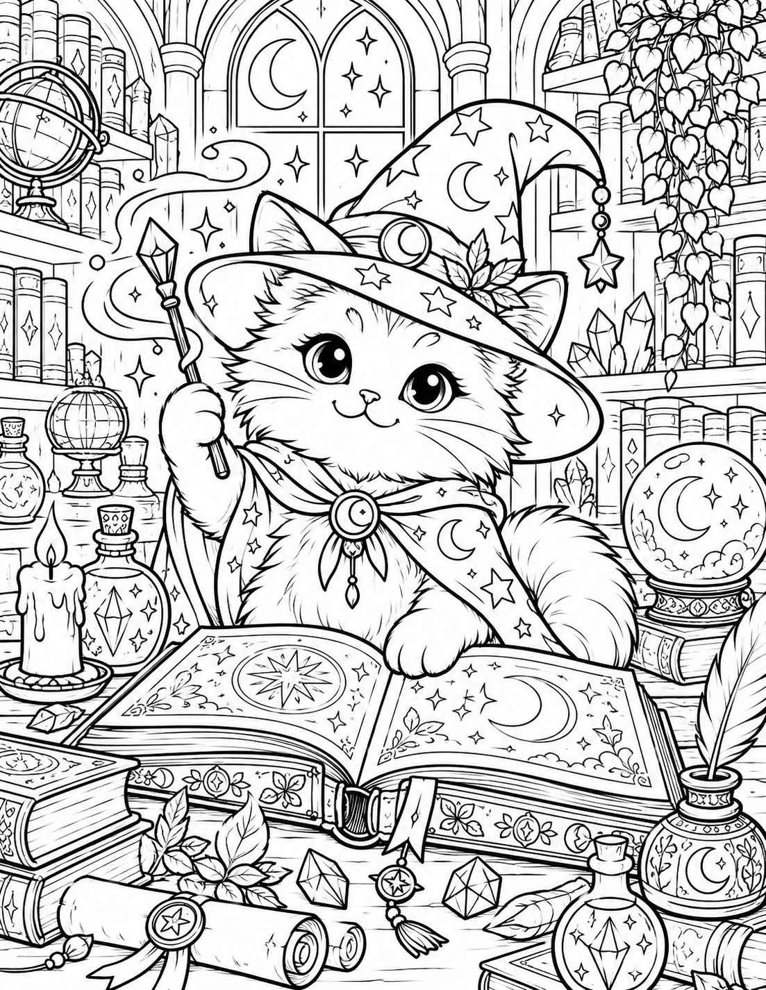 Cat wizard magical library coloring page