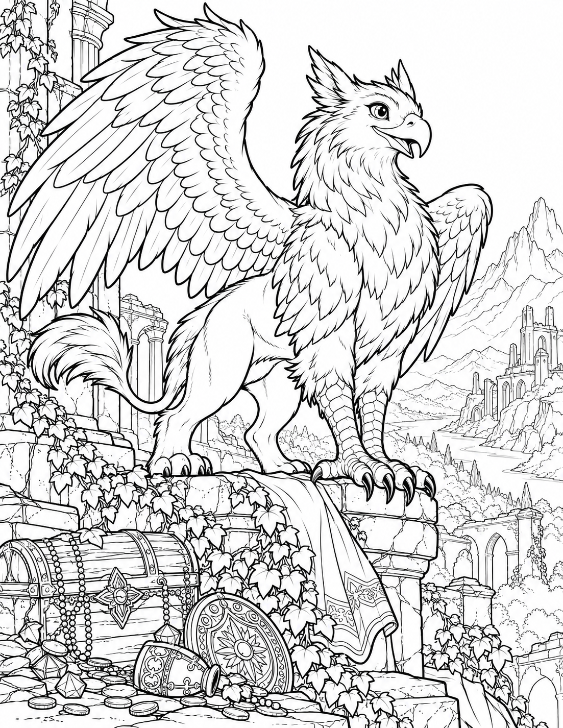 Majestic griffin ruins coloring page
