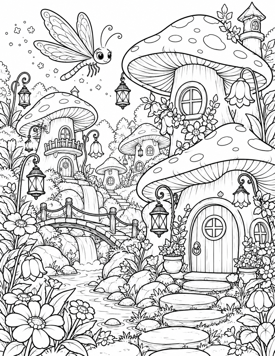 Whimsical mushroom village coloring page