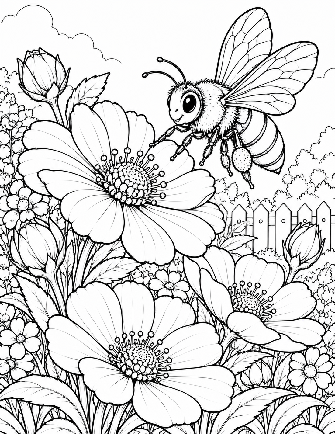 Bee among garden blossoms coloring page