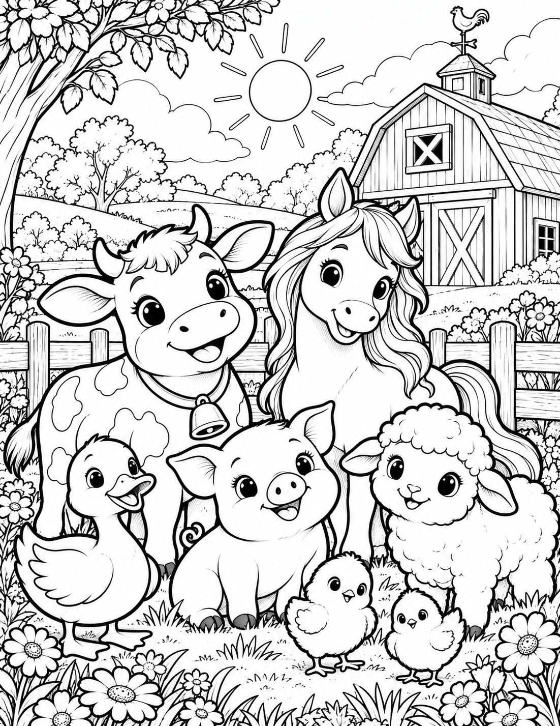 Farm animal friends coloring page