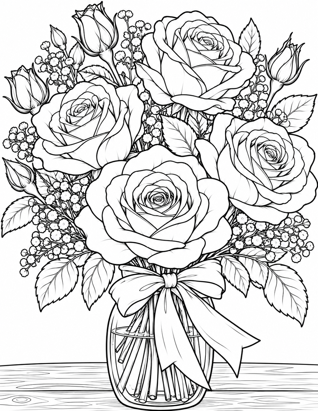 Detailed rose bouquet coloring page