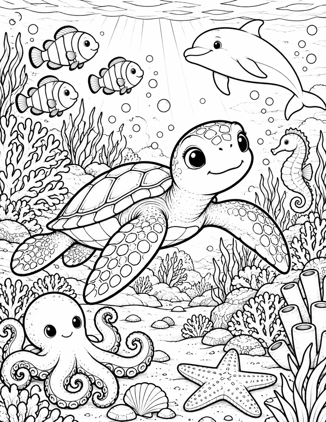 Sea turtle coral reef printable coloring page