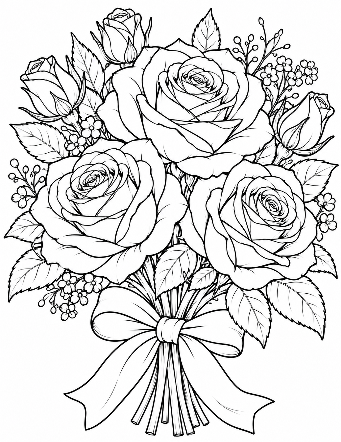Intricate rose bouquet coloring page