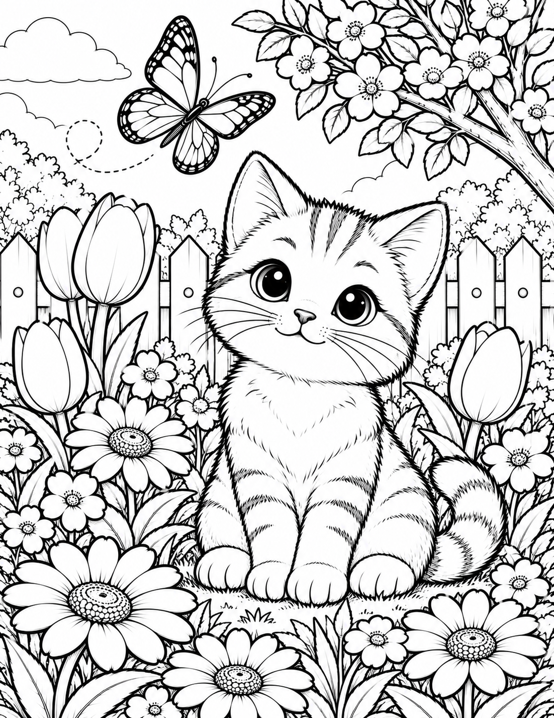 Kitten garden printable coloring page