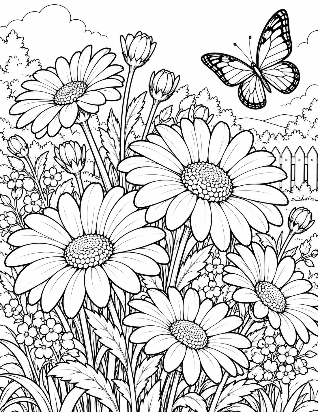 Daisy garden with butterfly coloring page