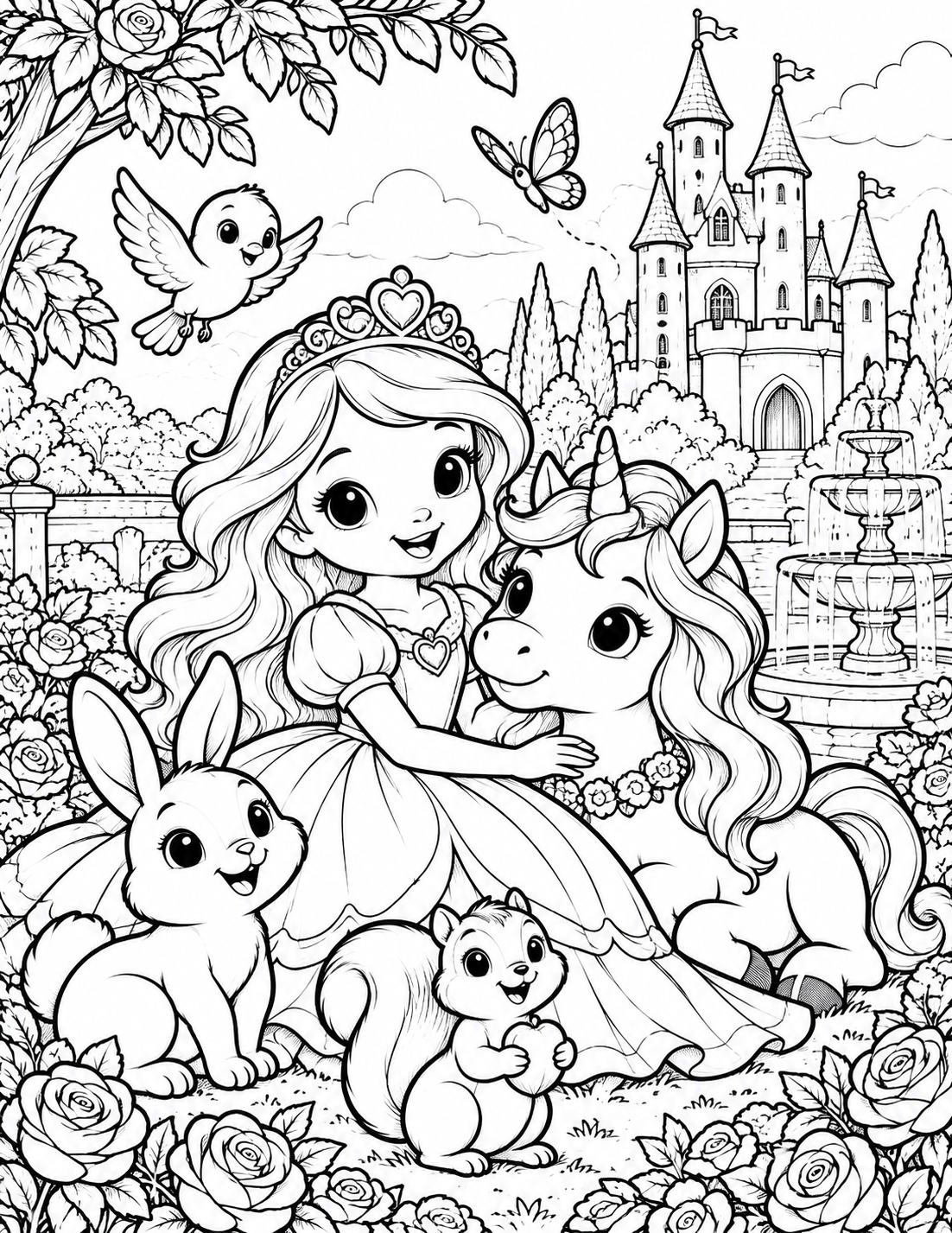 Princess and castle garden coloring page preview