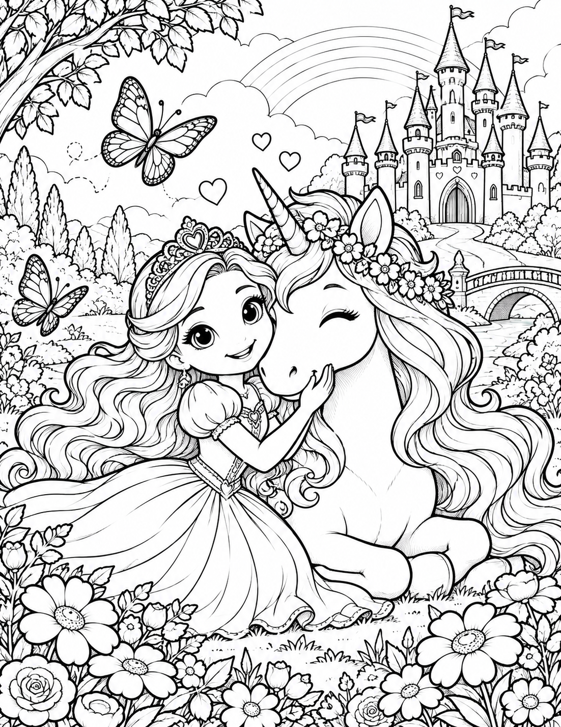 Princess and unicorn coloring page