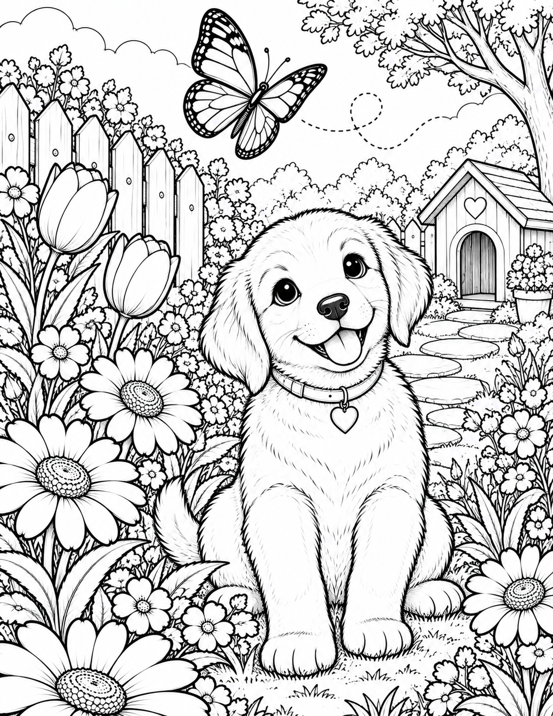 Puppy in a flower garden coloring page