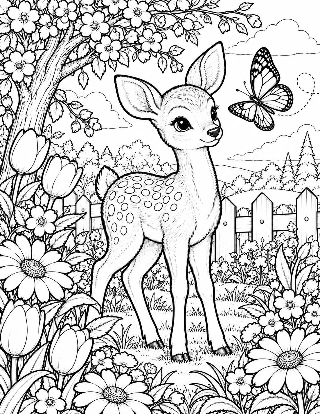 Fawn in a blossoming garden coloring page