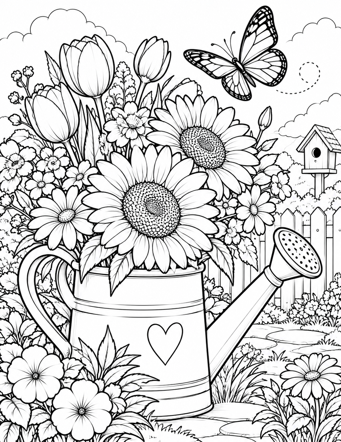 Spring watering can bouquet coloring page