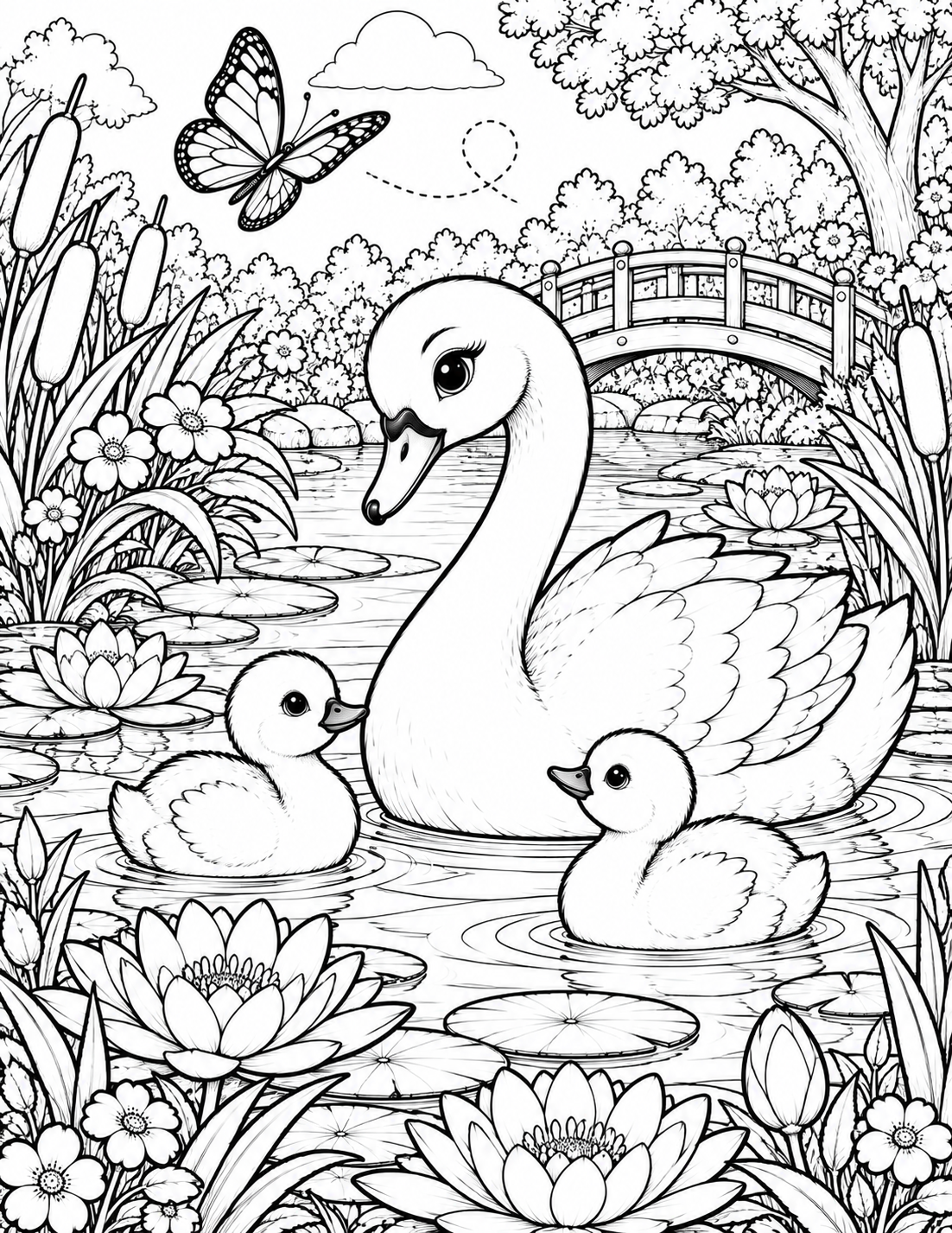 Swan family pond coloring page