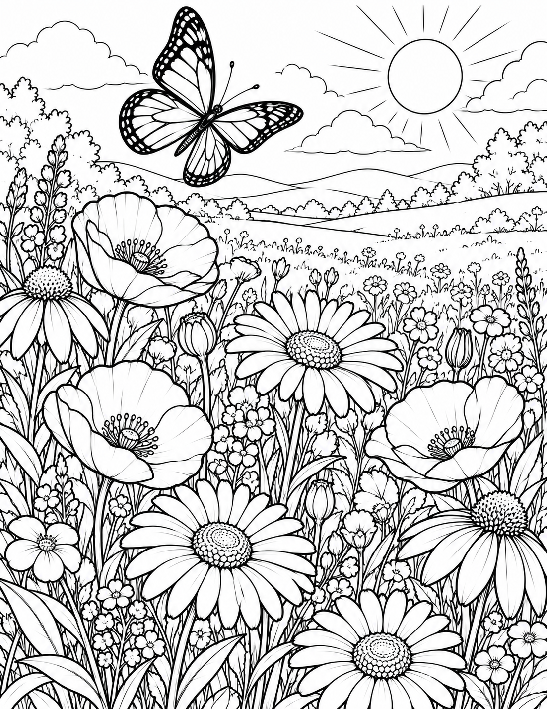 Detailed wildflower meadow coloring page