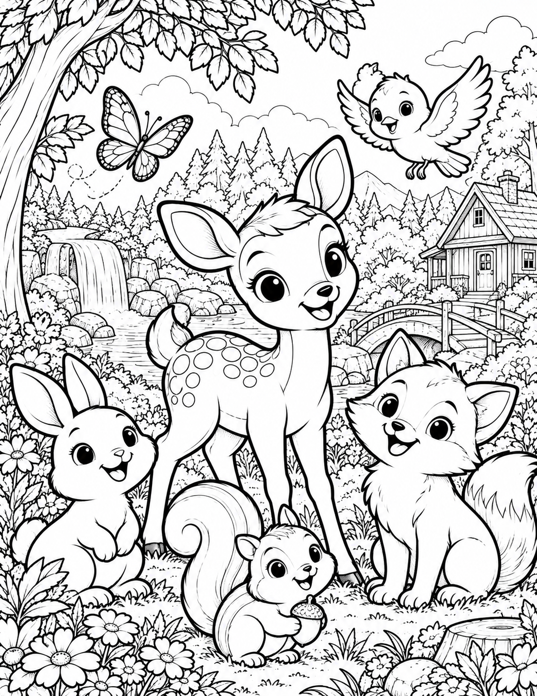 Woodland animals coloring page